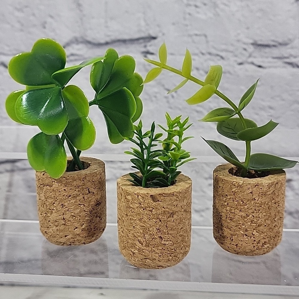 Miniature Artificial House Plant Fridge Magnets Lot Of 3 In Cork Baskets